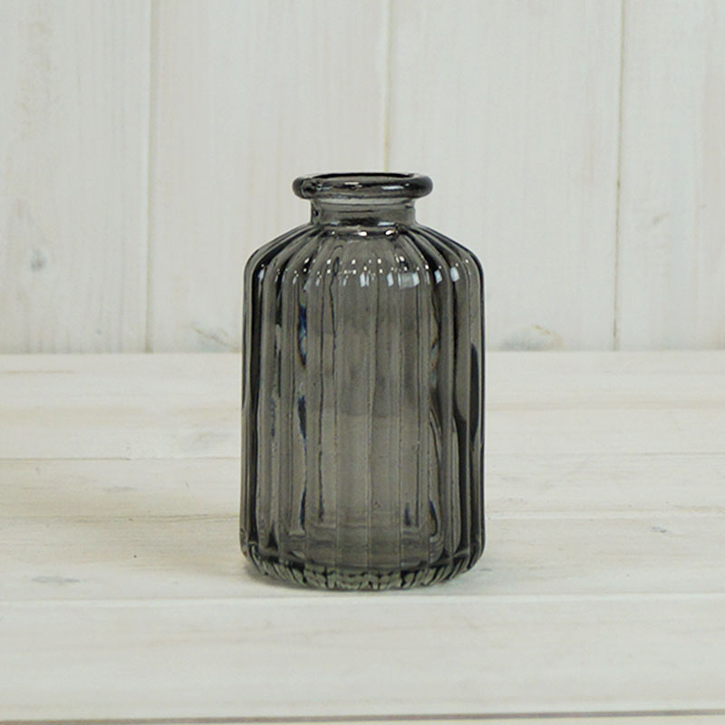 Smoky Grey Ribbed Glass Bottle (10cm) detail page
